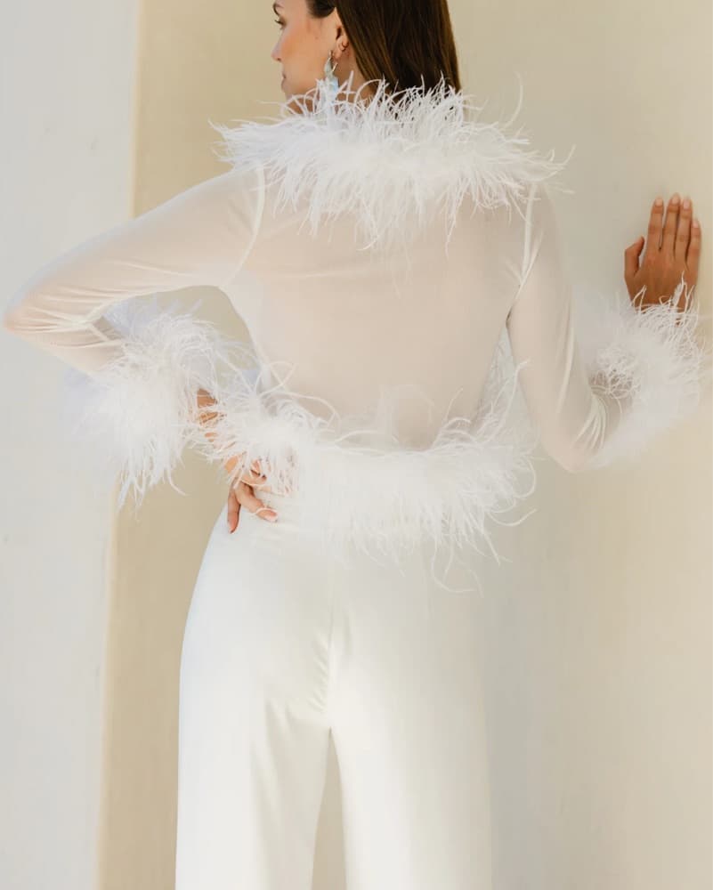 Ostrich Feather White Sheer Top - Bride - Image 1