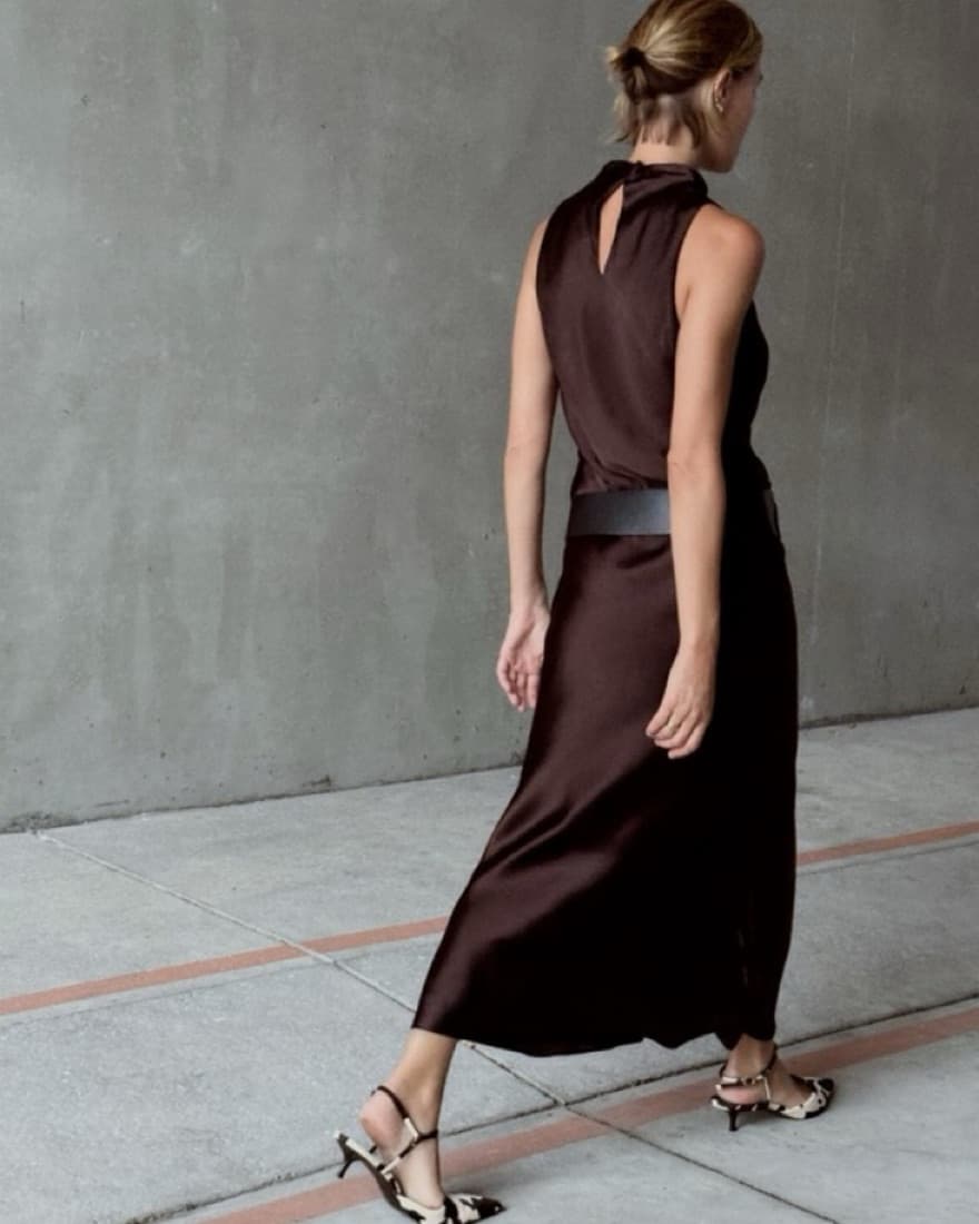 Elegant Brown Satin Maxi Dress - Image 2