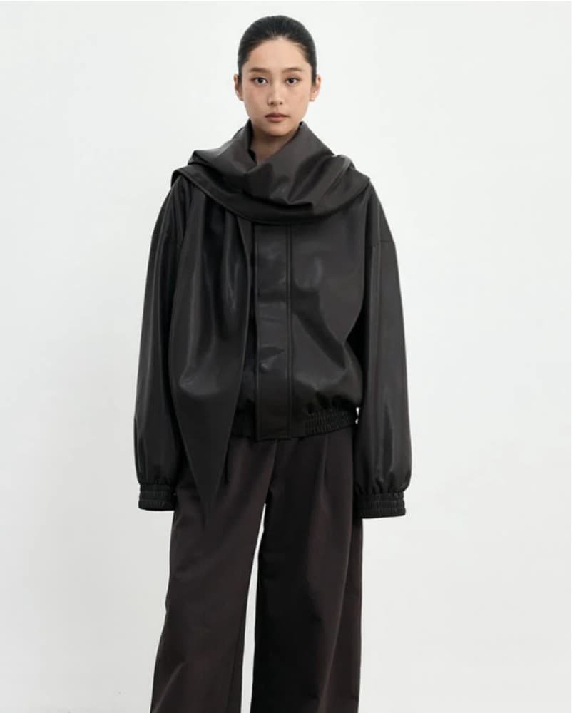 Pixie Market Leather Bomber With Scarf - Image 3