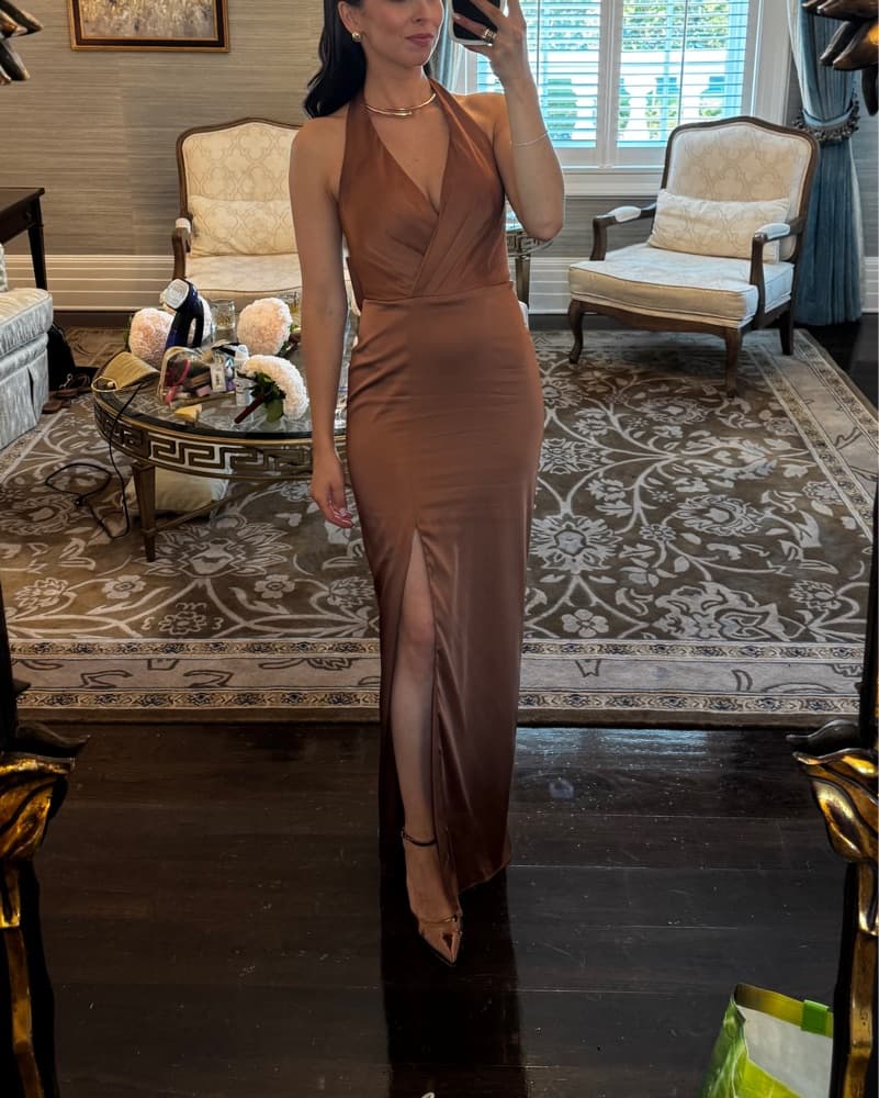 Rusty Brown Silk Long Slit Dress - Image 2