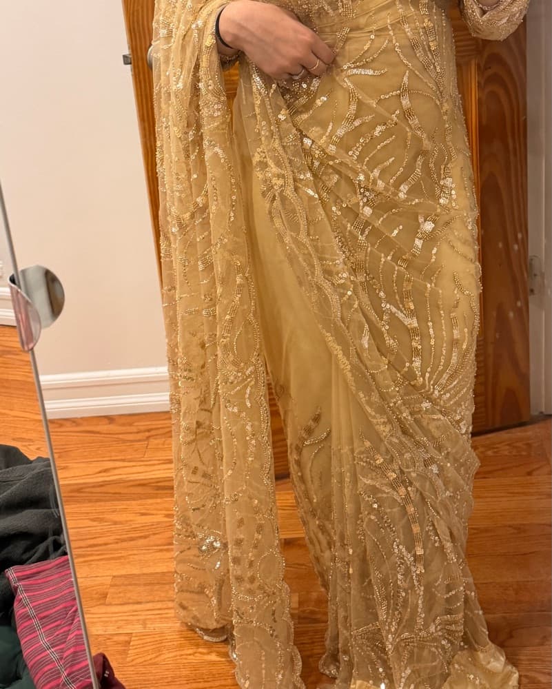 Hand Beaded Golden Indian Saree - Image 4