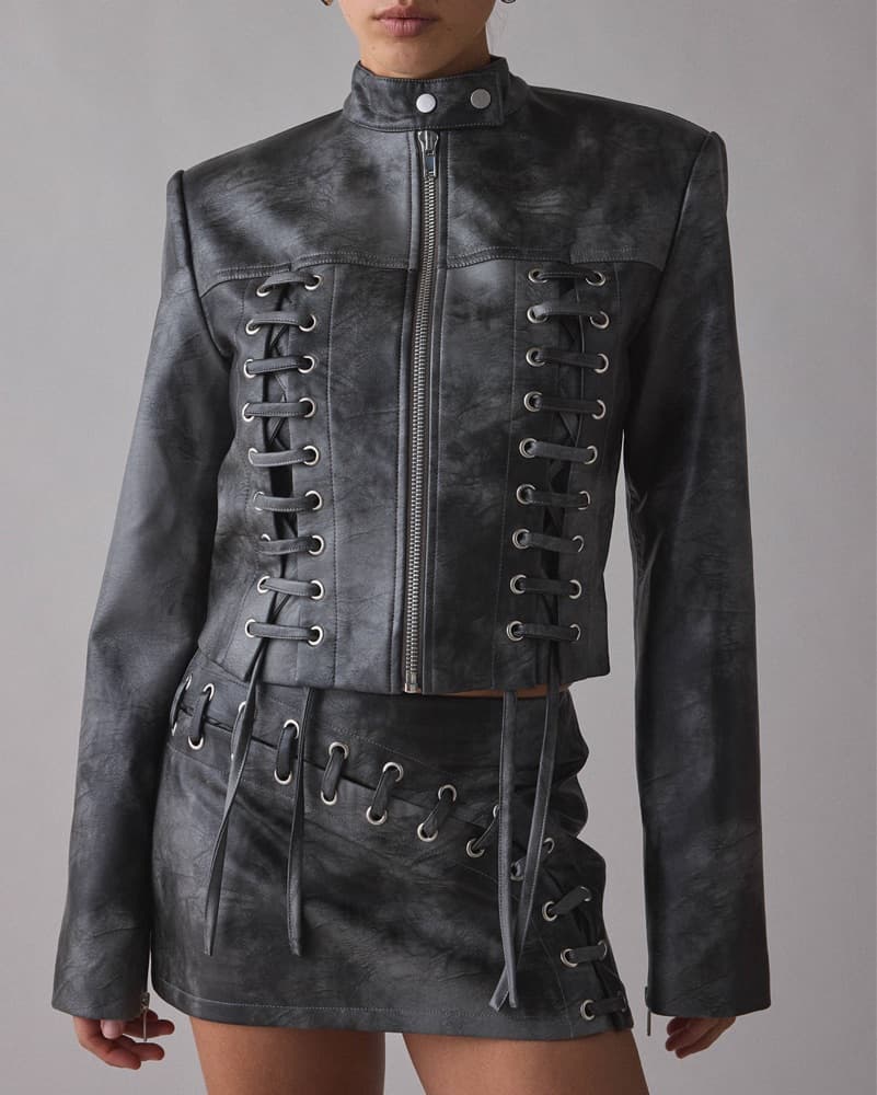 Edgy Leather Moto Jacket and Mini Skirt Set - Image 1