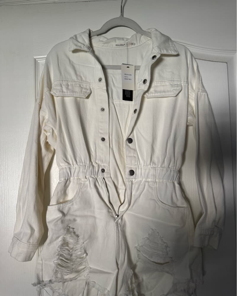 White Denim Distressed Romper  - Image 4