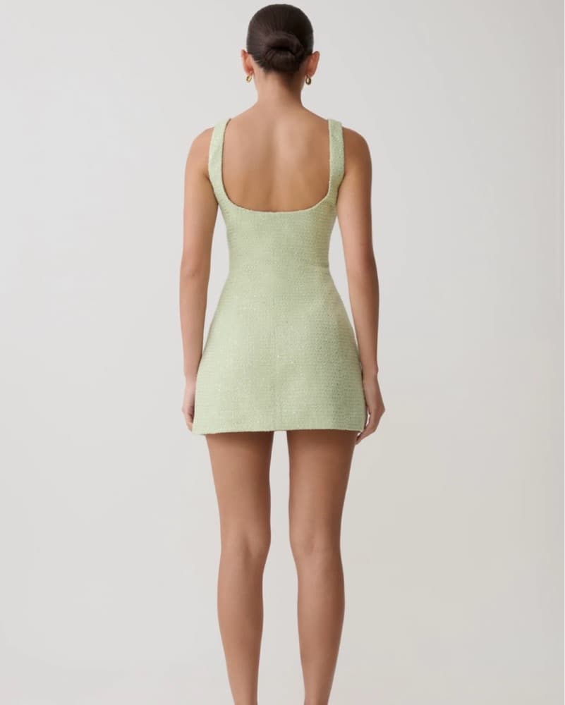 MESHKI Beth Tweed Mini Dress Green - Image 3