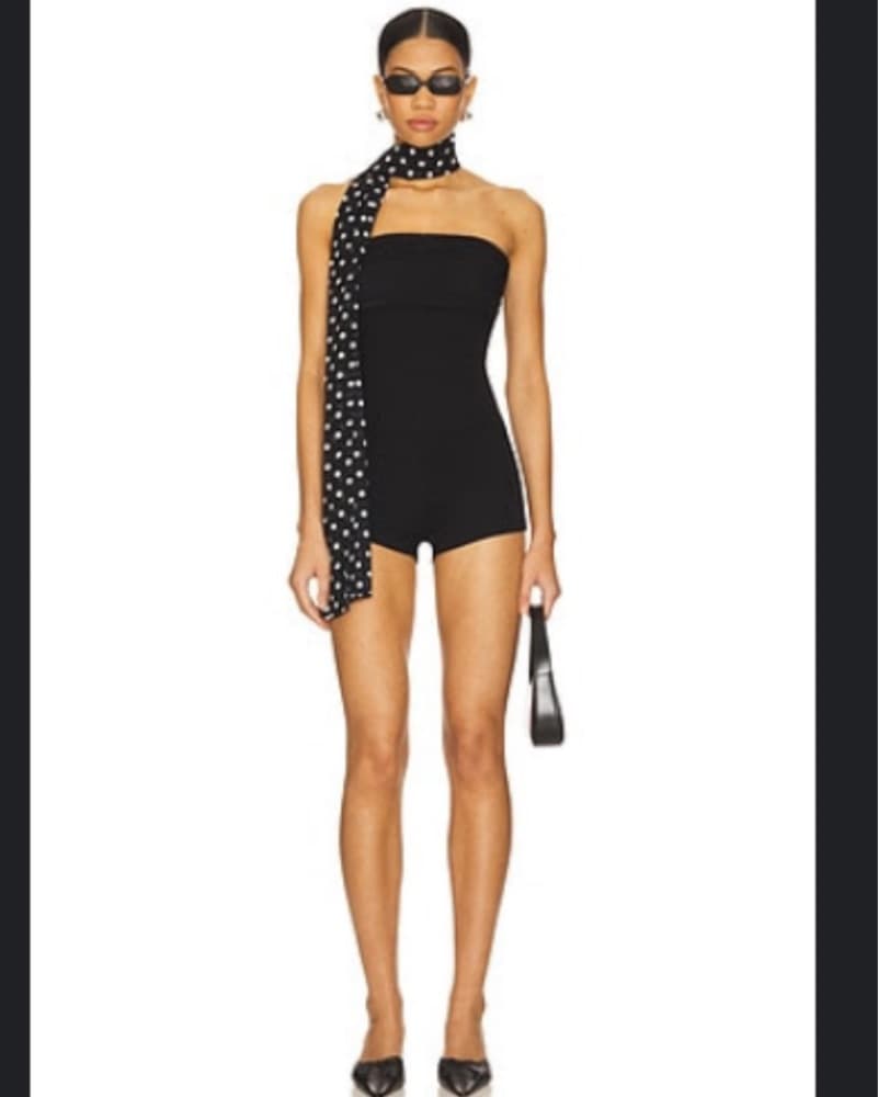 Chic Black Romper with Polka Dot Scarf - Image 1
