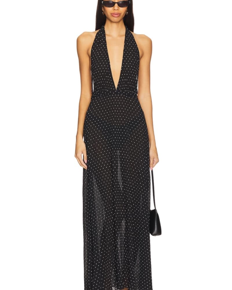 Halter Deep V Polka Dot Maxi Dress - Image 1