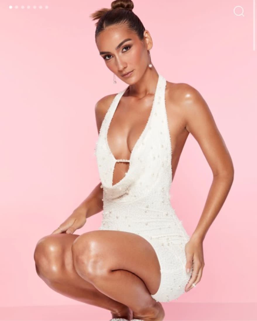 Oh Polly White Deep Plunge Pearl Dress - Image 2