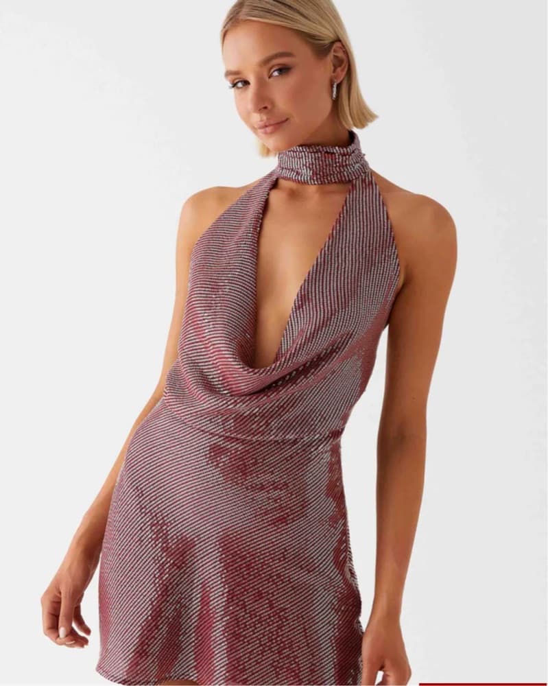Nora Sequin Cowl Neck Mini Dress - Red - Image 2