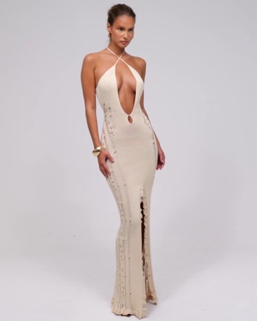 Murci Halo Deep V Neck Cream Maxi Dress - Image 2