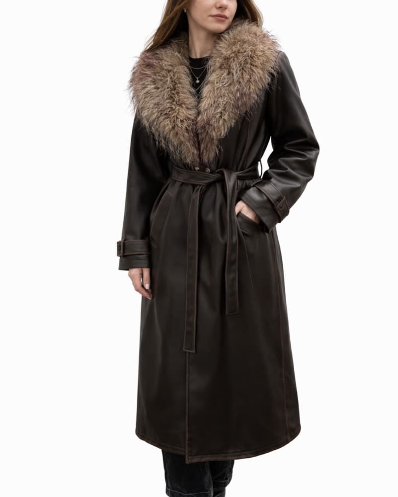 Brown Faux Fur Collar Belted Coat - Image 1
