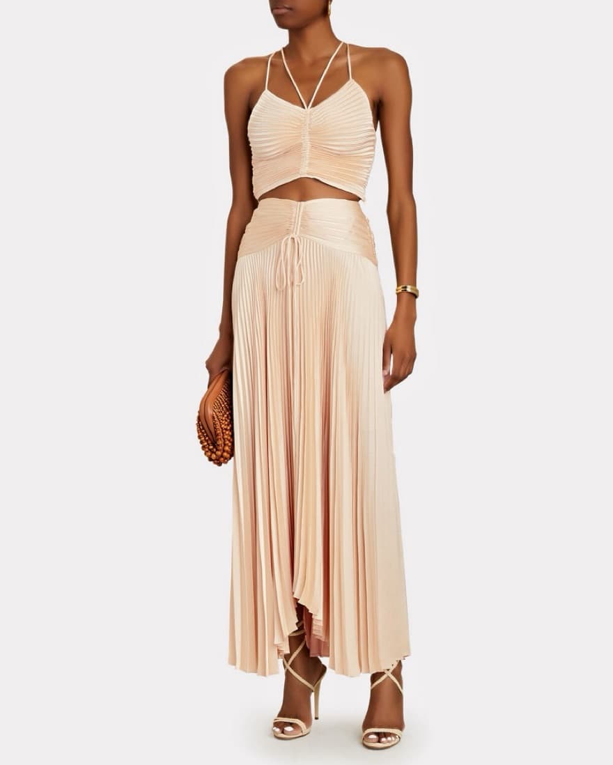 A.L.C Ari Satin Pleated Skirt in Natural - Image 1