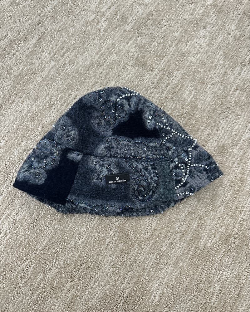 Navy Blue embellished beaded knit Hat - Image 1