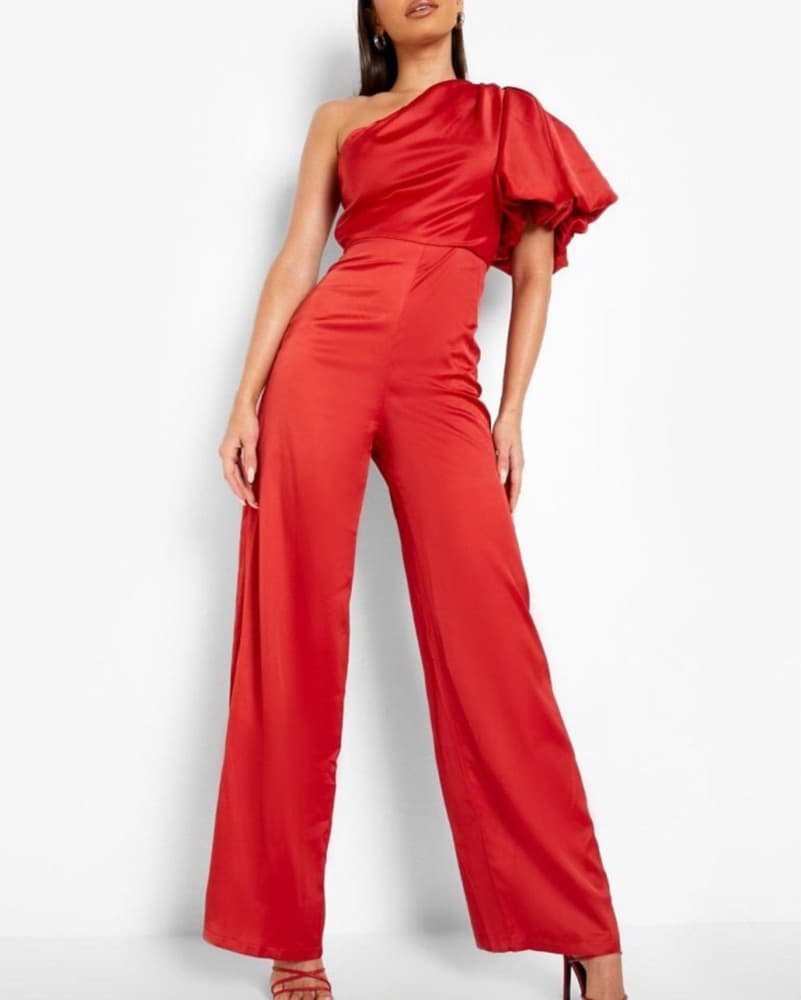 Red Satin One-Shoulder Jumpsuit - Image 1