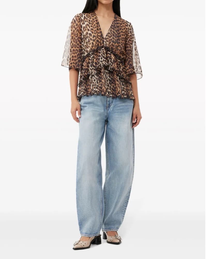 Ganni Leopard Print Ruffle Top - Image 3