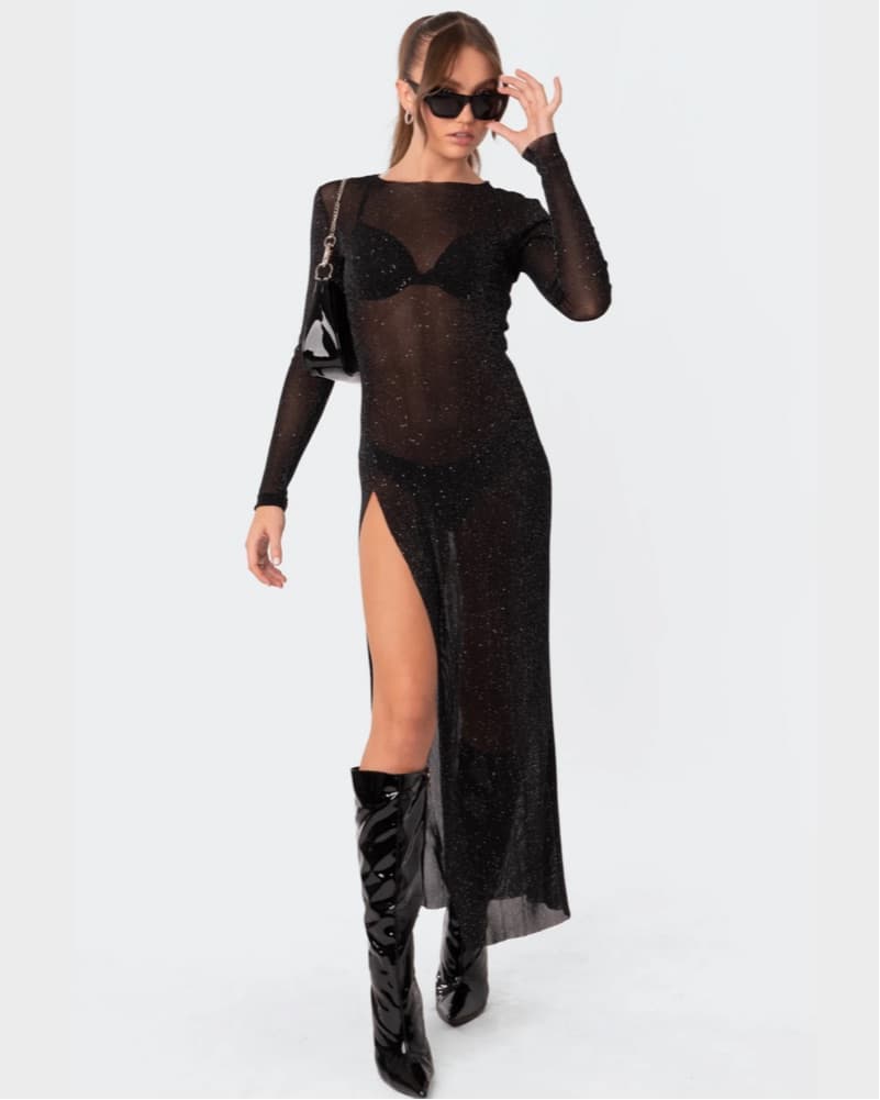 Black Glitter Mesh Maxi Dress – Sheer - Image 4