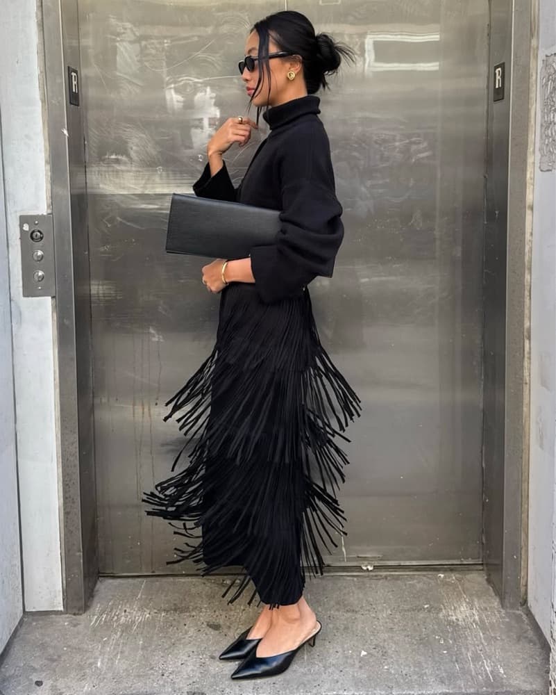 Simon Miller Knit Fringe Skirt in Black - Image 1