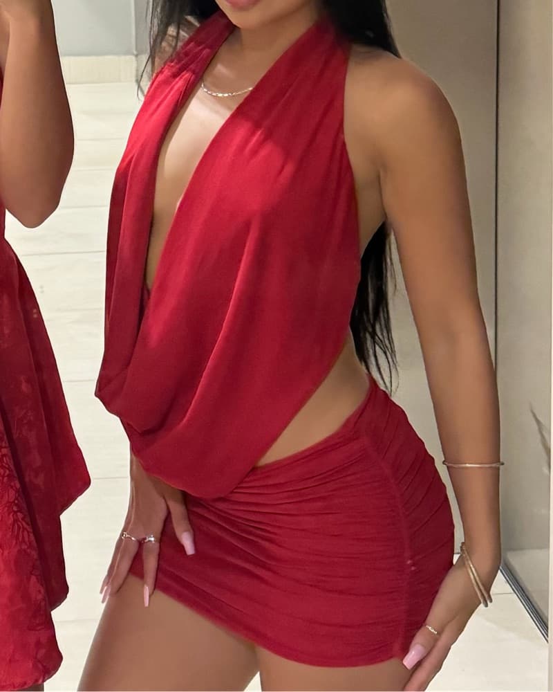 Red Open Back Halter Mini Two Piece Skir - Image 1