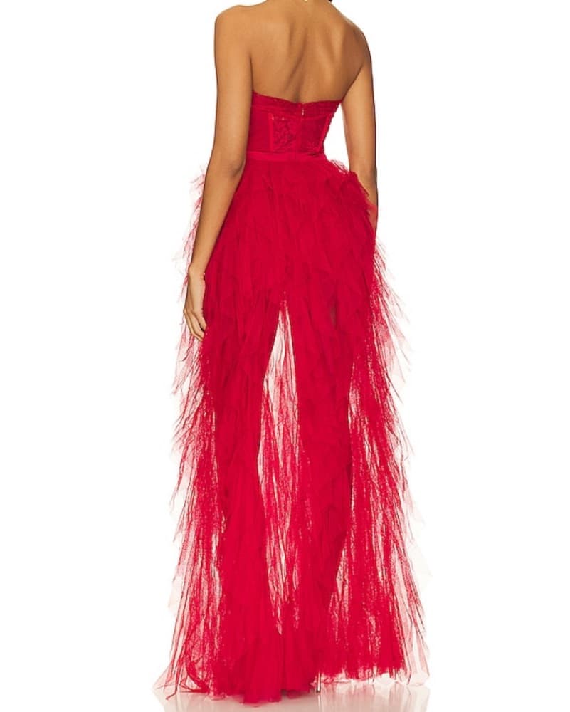 Vibrant Red Feathered Gown - Image 3