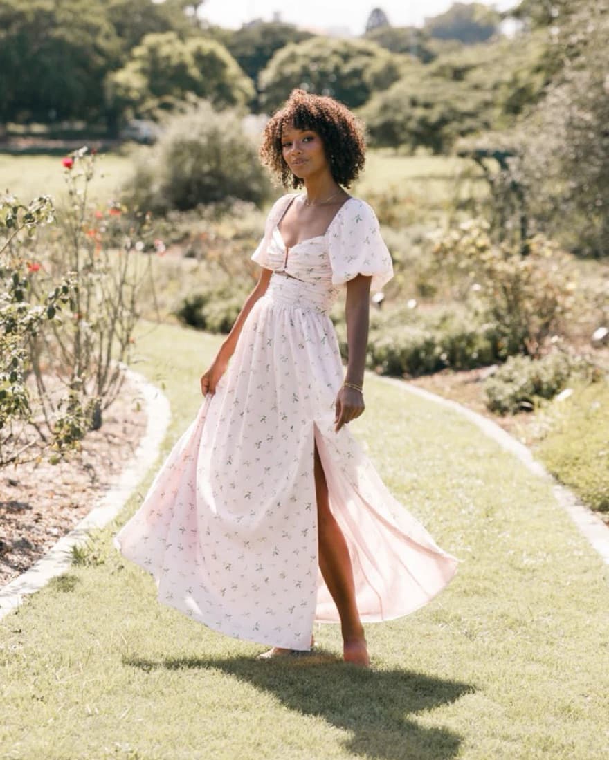 Puff Sleeve Pink Floral Maxi Dress - Image 1