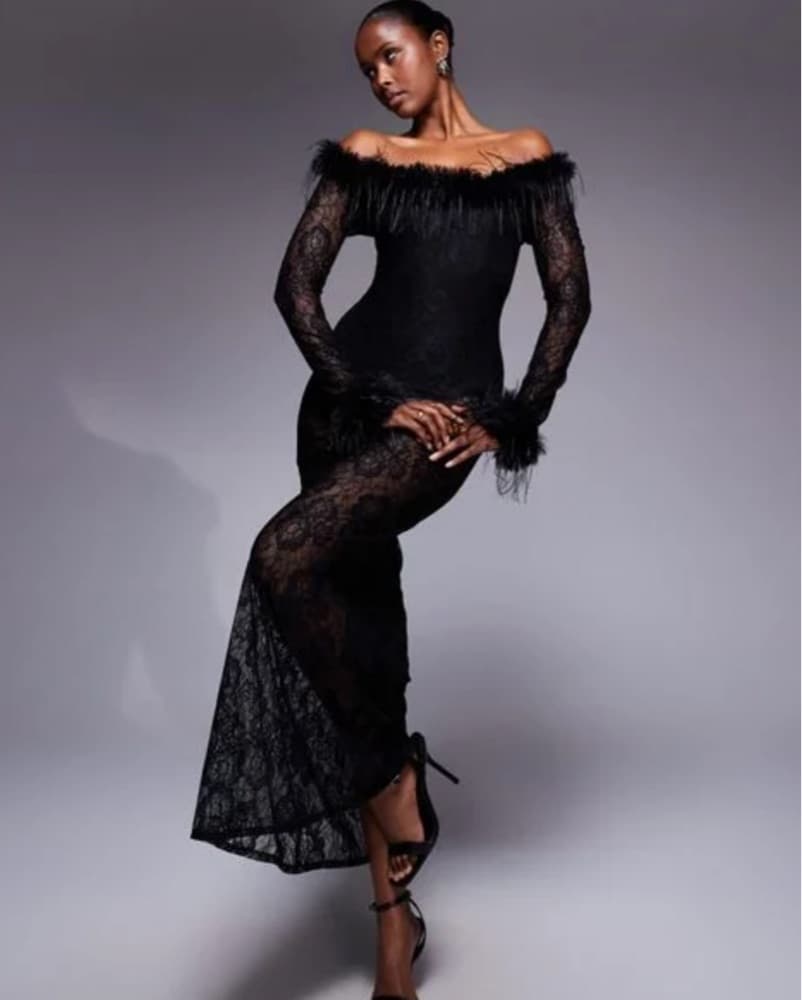 Elegant Lace and Feather Gown - Image 2