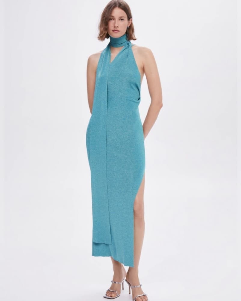 Sparkly Blue Maxi Dress W Neck Scarf - Image 1