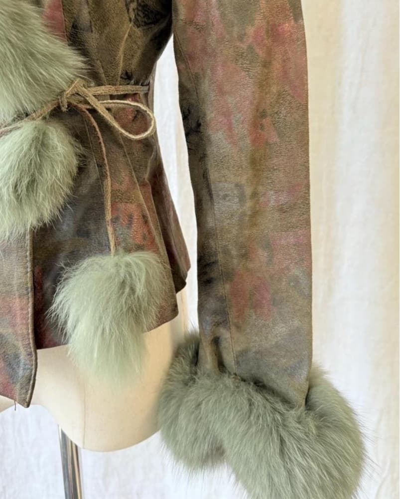 Vintage Sage Green Faux Fur Trim Jacket - Image 5