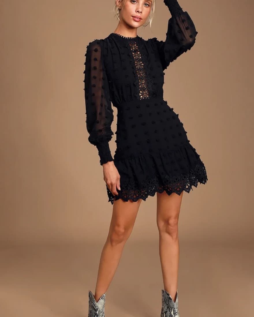 Black Embroidered Lace Long Sleeve Dress - Image 2