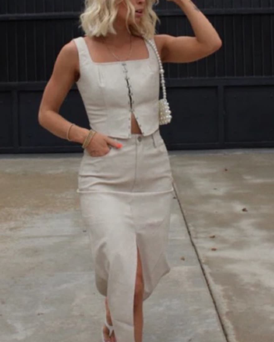 Cream Faux Leather Skirt Set - Image 2