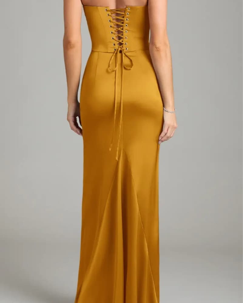 Azazie Sorrel Butterscotch Satin Dress - Image 2