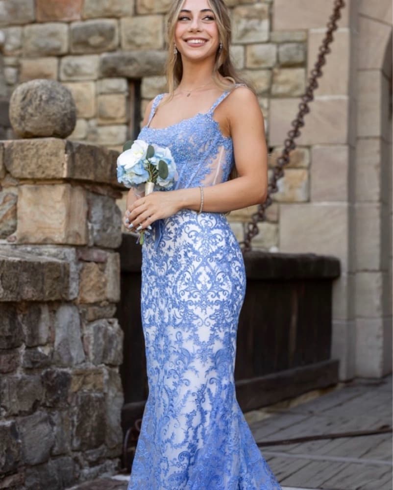 Sherri Hill style 57150 Blue Lace Dress - Image 5