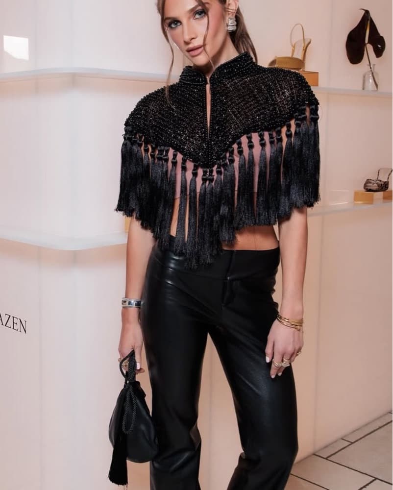 Black Beaded Cape Top With Tassels - Image 9