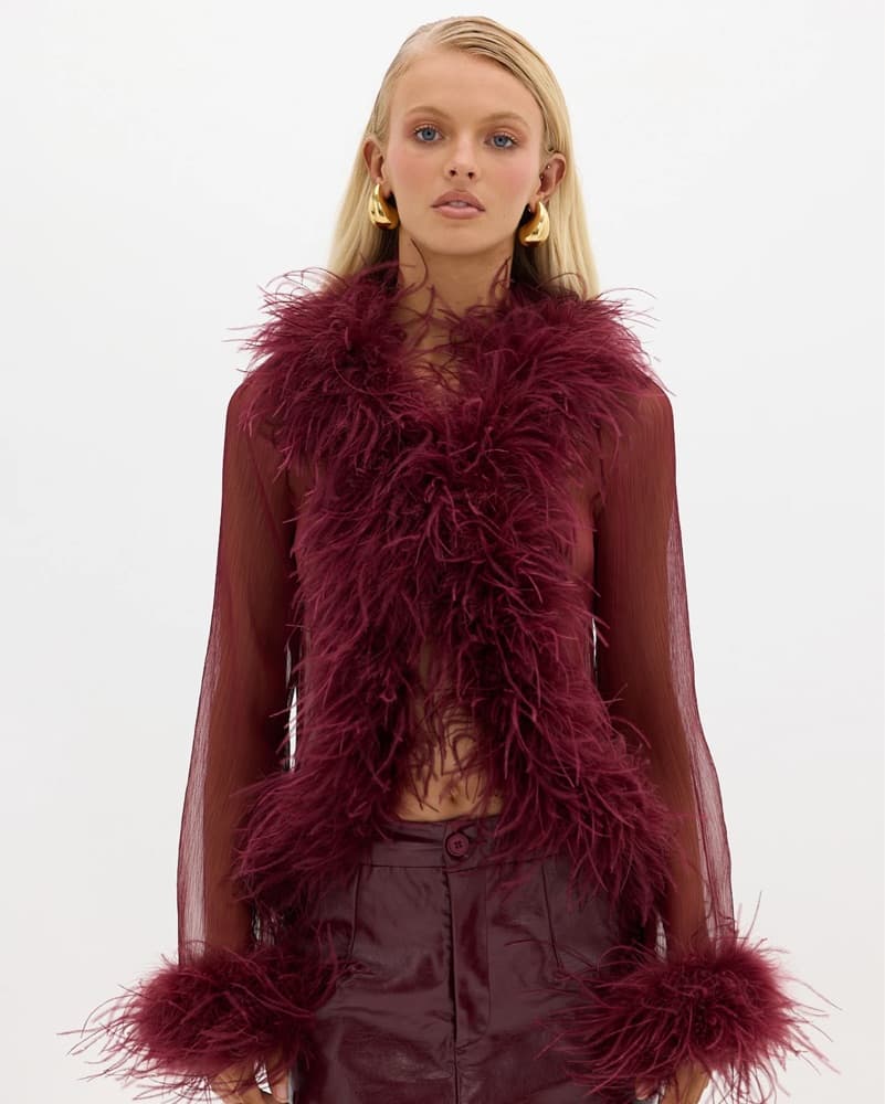 Gigi Sheer Feather Blouse - Cherry - XS  - Image 2