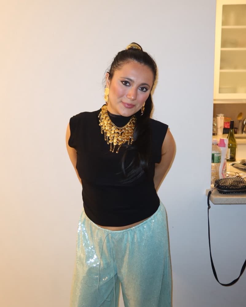 Turquoise sparkly low rise pants - Image 3
