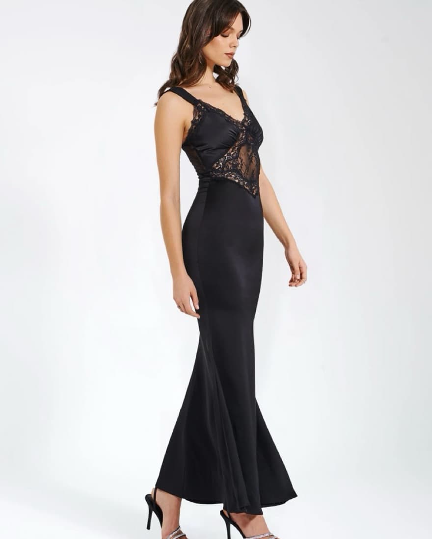 Black Satin and Lace Maxi Dress - Image 4