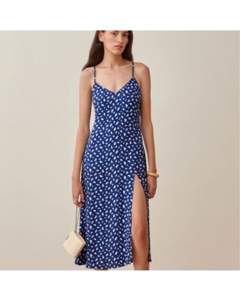 Reformation Blue Polka Dot Crimini Dress - Image 1