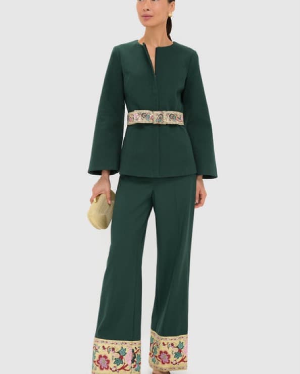 Elegant Green Jumpsuit with Floral Embroidered Belt - Image 1