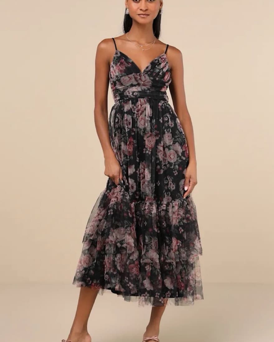 Floral Mesh Midi Dress - Image 1