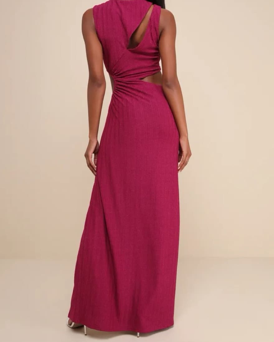 Magenta Ribbed Cutout Maxi Dress - Image 3