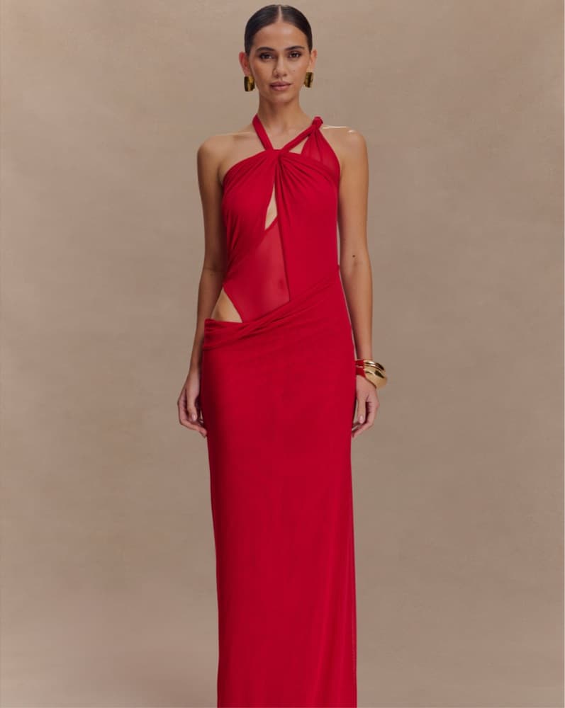 Edwina Knotted Mesh Maxi Dress - Red - Image 1
