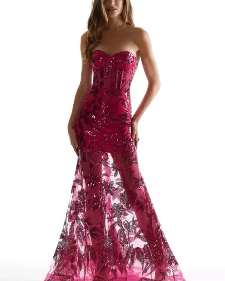 Mori Lee Fuchsia Sequin Sheer Gown - Image 2