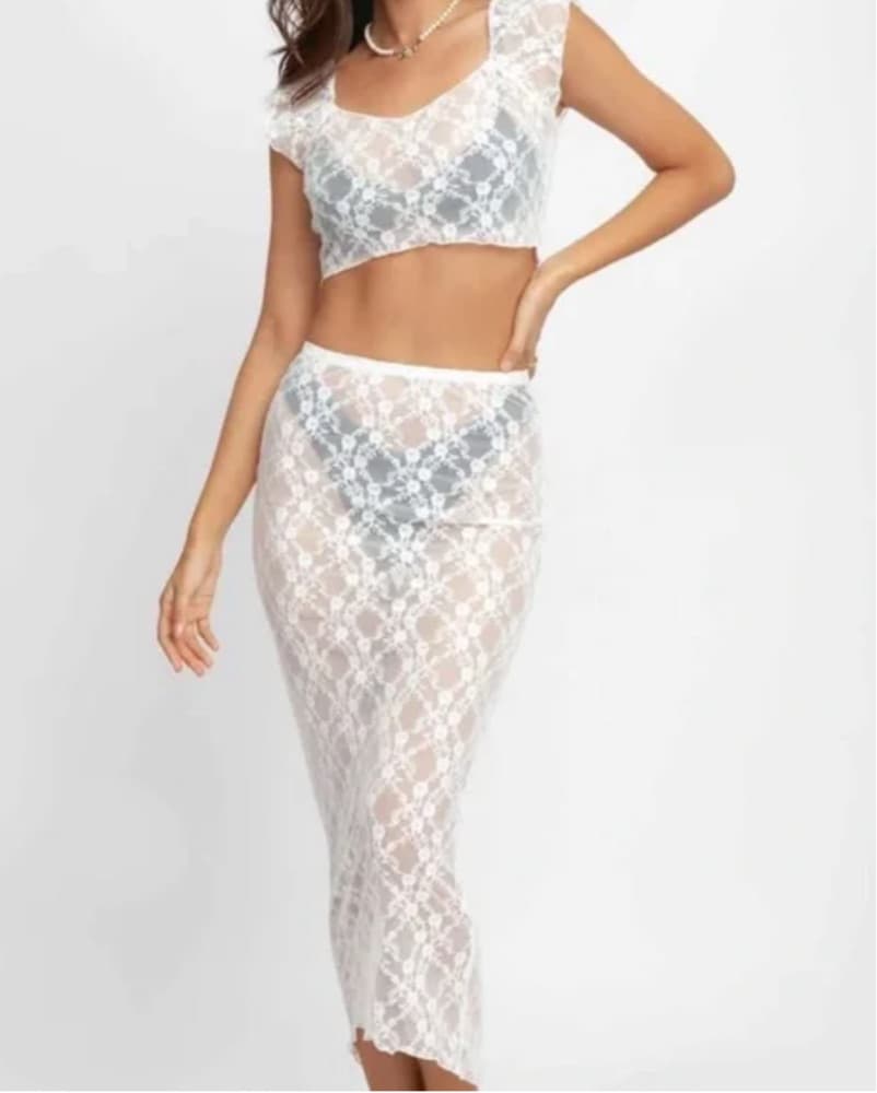 White Lace Two Piece Skirt Set - Image 1