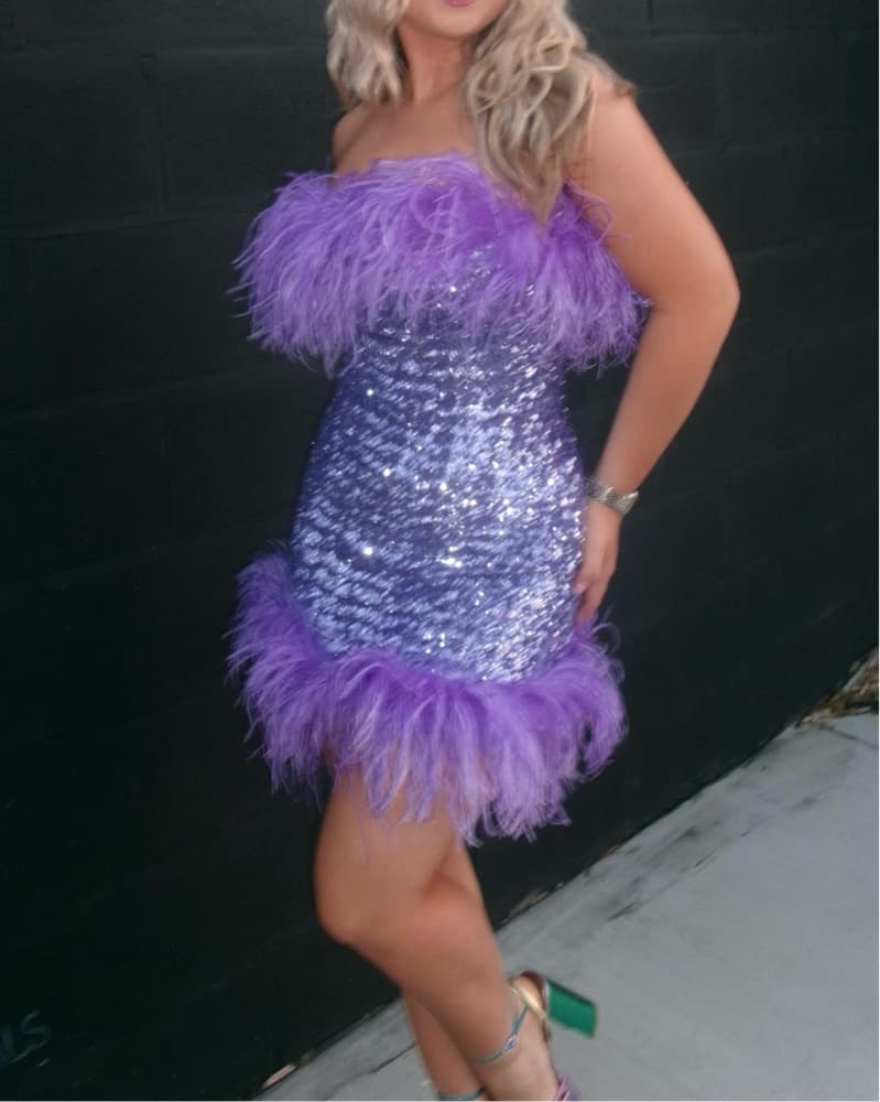 Oseree Purple Sequin Feather Mini Dress - Image 4