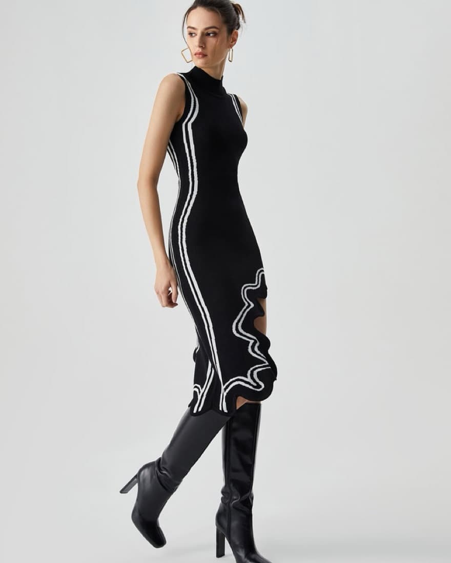Striking Black and White Asymmetric Dress - Image 1