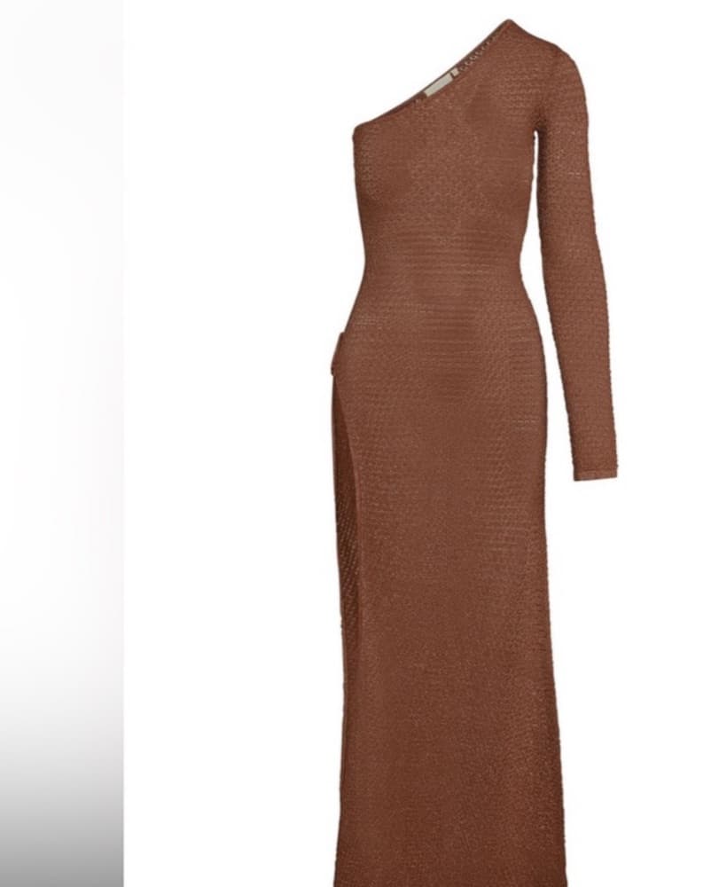 Palermo Bronze Brown Ribbed Knit One-Shoulder Maxi Dress - Image 4