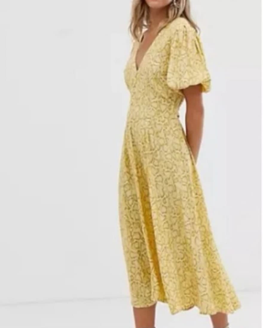 Puff Sleeve Yellow Midi Dress - Image 1