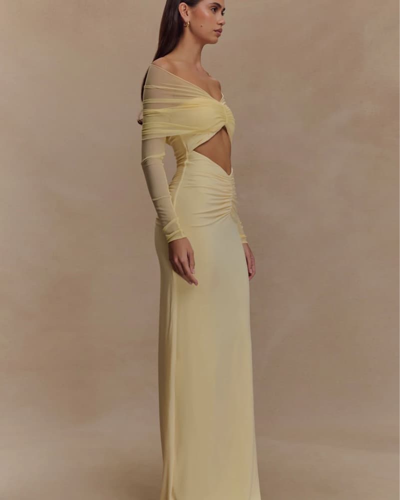 Meshki Slinky and Mesh Maxi Dress- Lemon - Image 2