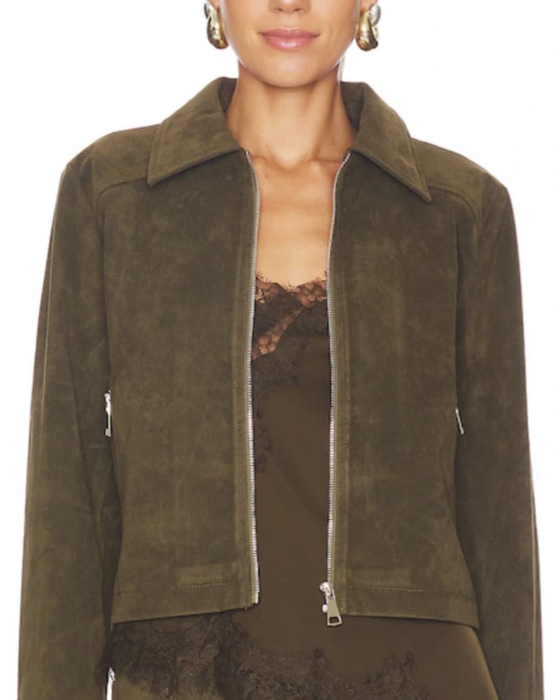 Olive Green Suede Moto Jacket - Image 4