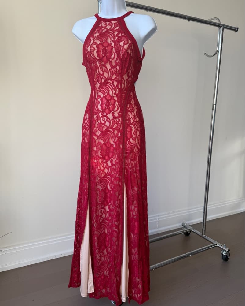 BCBG Long Halter Red Lace Backless Dress - Image 1