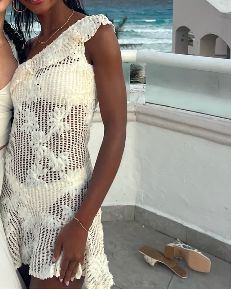 White Knitted Embroidered Mini Dress - Image 1
