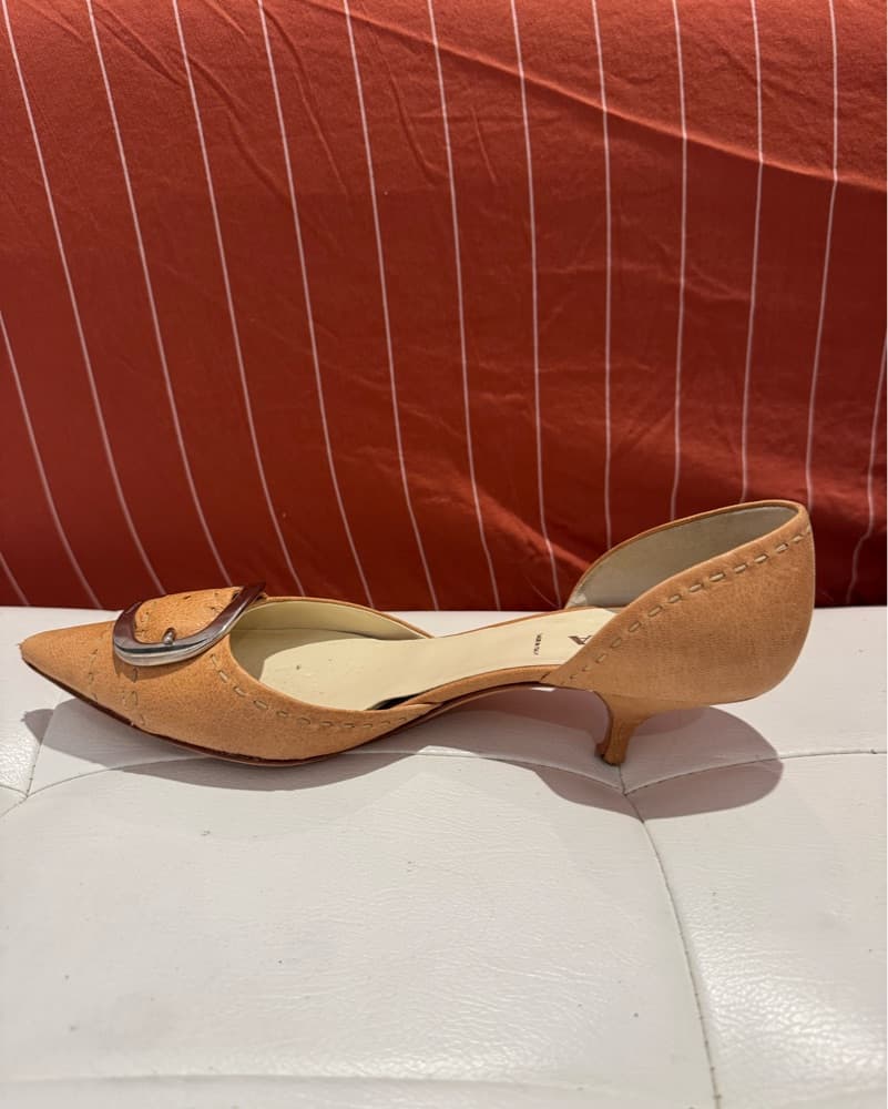 Prada EU 38.5 Tan Heels Silver Buckle - Image 3